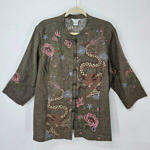 Citron Santa Monica Linen Embroidered Top Asian Dragons Flowers Women's OX 18W